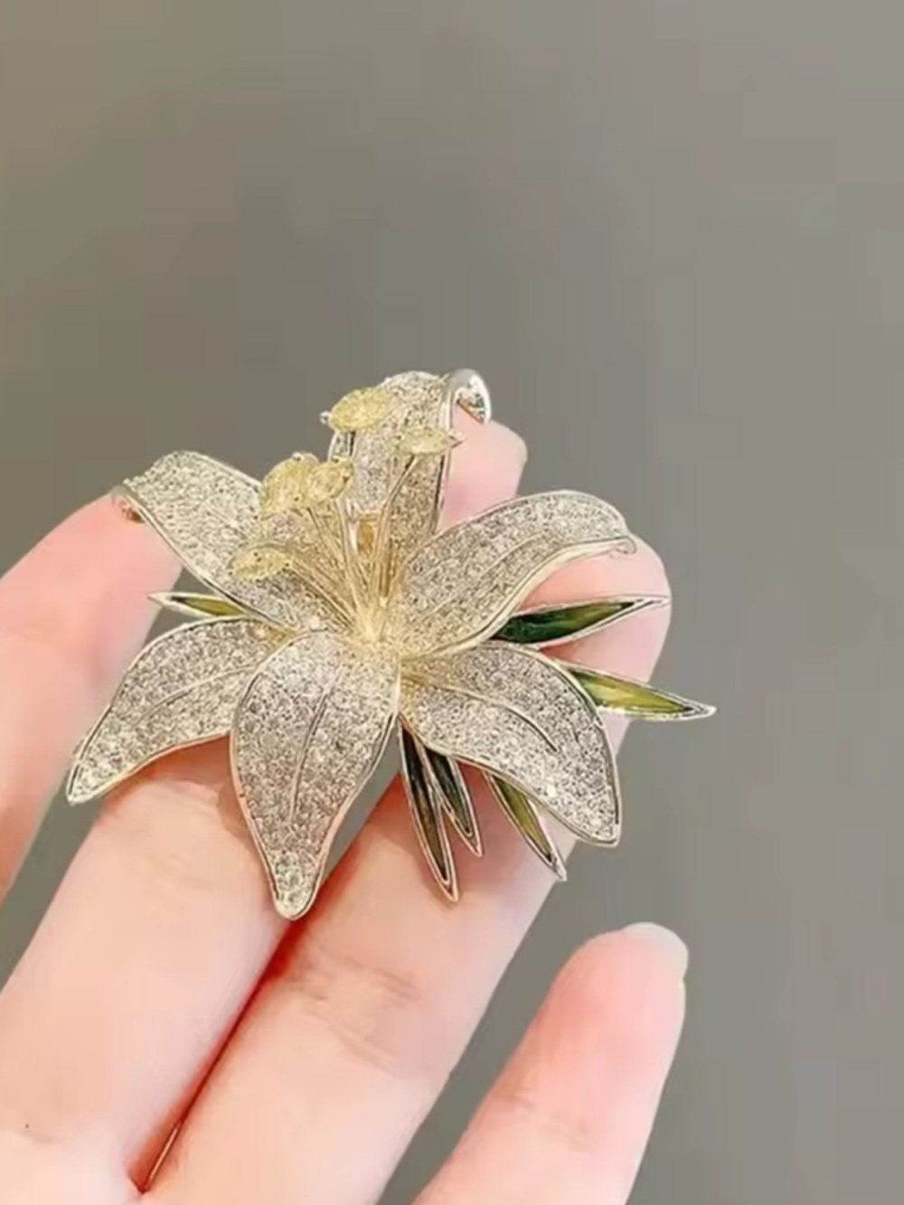 Gold-tone Crystal Lily Brooch with Green Enamel Accents - Picture 4 of 6